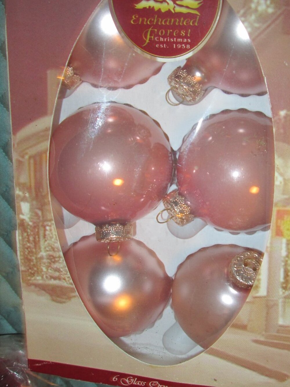 NOS lot of six Rose gold glass ornaments gold crown 90s